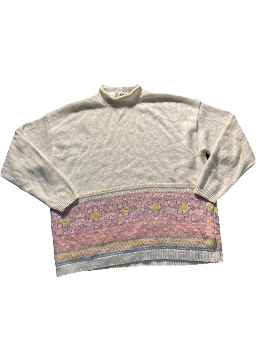 Vintage Grannycore Pastel Flower White Pink Yellow Cabin Creek Sweater Size L